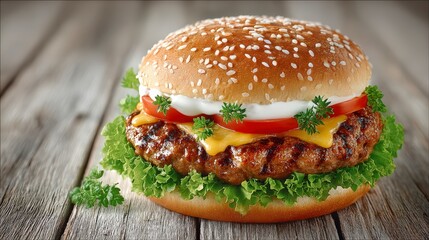 Juicy Cheeseburger on Rustic Wood  Gourmet Fast Food Photo