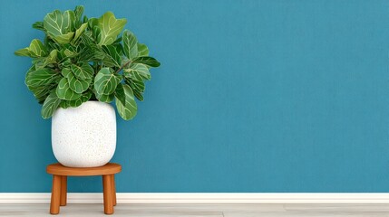 Stylish Fiddle Leaf Fig Plant in Pot on Wooden Stool  Teal Wall Background