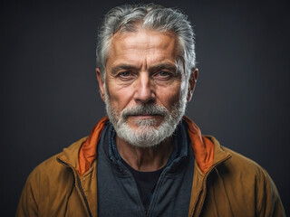 Fototapeta premium Portrait of an old man standing looking straight ahead, his body wearing an old jacket.
