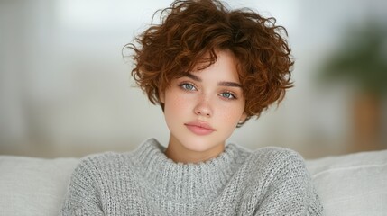 Beautiful Woman  Curly Hair  Grey Sweater  Portrait  Studio Shot  Soft Lighting  Neutral B
