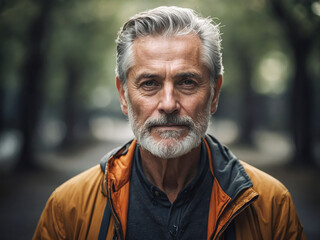 Portrait of an old man standing looking straight ahead, his body wearing an old jacket.