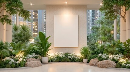 Modern Gallery Interior  Blank Canvas  Plants  City View