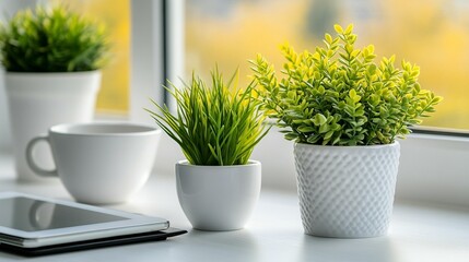 Fototapeta premium Cozy windowsill with plants, coffee, and a tablet. Small potted plants, a cup of coffee, and a tablet sit on a white windowsill