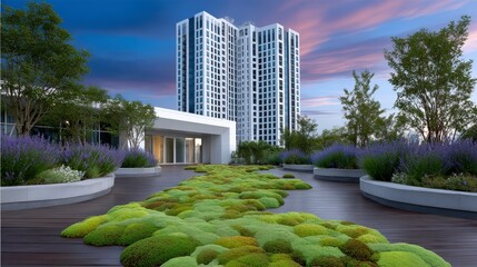 Modern City Rooftop Garden  Green Roof  Urban Landscape  Evening View
