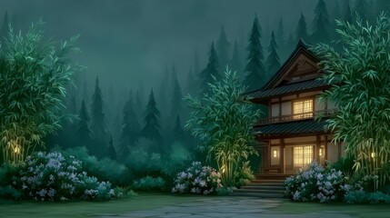 Fototapeta premium Serene Japanese House Bamboo Forest Dusk Foggy Landscape