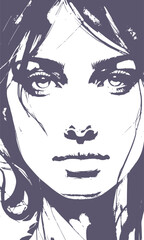Young woman face front view in low key style. Elegant silhouette of a female head.