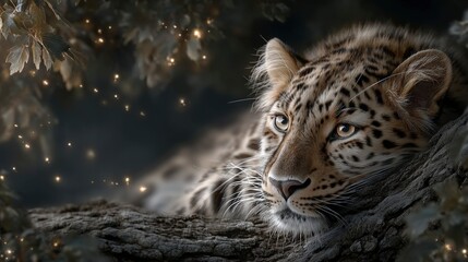 Majestic Leopard Resting on Branch  Night Forest  Wildlife Photography