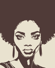 Young Afro American woman face front view in low key style. Elegant silhouette of a female head.