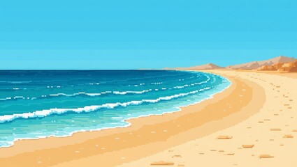 Serene Beach Scene with Calm Ocean Waves and Desert Hills Under Clear Blue Sky