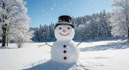 Obraz premium Photo of a Festive Snowman in a Winter Wonderland Landscape with Snowfall