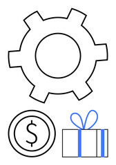 Gear, dollar coin, and wrapped gift box symbolizing productivity, monetary value, and rewards. Ideal for business, finance, automation, motivation e-commerce holiday promotions simple landing page