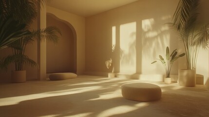 Fototapeta premium Tranquil interior space bathed in golden sunlight.