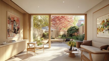 Modern interior design showcasing a backyard view.