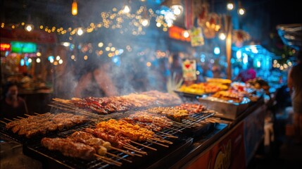 Night Market Delights: A symphony of sizzling skewers and vibrant street food at Chiang Mai's bustling night bazaar.