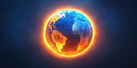 Fototapeta premium Burning earth planet fire digital art illustration. Globe with heat and warming. Disaster and globalwarming concept, environment climate theme, dramatic background, science environmental usage.