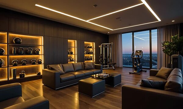 Modern luxury home gym with sleek equipment, ambient lighting, and city skyline at sunset