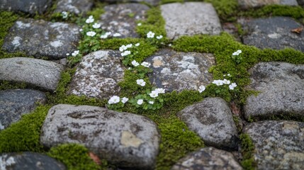 White flowers blooming in mossy stone pavement