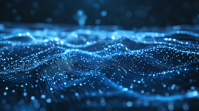 Futuristic circuit board wires in light blue on dark navy technology background. Artificial Intelligence banner concept. Abstract AI tech bg. Digital line pattern. 