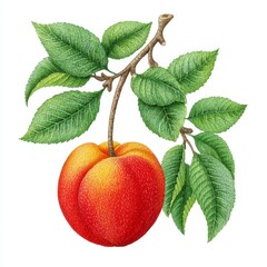 Ripe Peach with Green Leaves Botanical Illustration