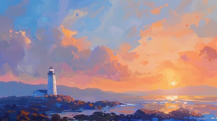 Vibrant sunset over ocean with lighthouse, digital painting.  Peaceful coastal scene, idyllic landscape.