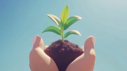 A small plant held gently in cupped hands against a clear blue sky.