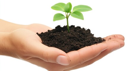 A small plant held in a hand of fertile soil.