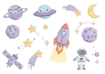 Cute Space Elements Set - Flat Cartoon Planets, UFO, Rocket, Stars and Astronaut Isolated on Transparent Background - Perfect for Kids Design, Stickers, Nursery Decor