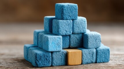 A neatly stacked arrangement of blue cubes creating a structured visual representation of data and metrics