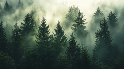 Misty morning in a coniferous forest © Roksana