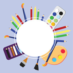 World Art Day. Art Supplies with Blank Sign.