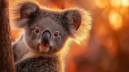 Obraz premium Koala's Gentle Gaze: A close-up of a koala's face, showcasing its endearing features with soft fur, round ears, and a sweet, gentle gaze, set against a warm, sunlit background.