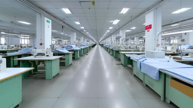 Large garment factory interior with rows of sewing machines and fabric tables showing organized textile production and industrial manufacturing
