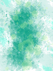 Vibrant green watercolor splatter background with artistic paint textures and soft abstract layering