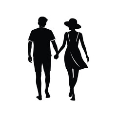 Romantic Couple Silhouette Holding Hands, Walking Together