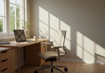 Photo of a Light-Filled Modern Office Workspace with Desk Chair and Window