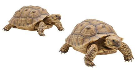 Naklejka premium Two tortoises facing different directions with textured shells and visible feet and heads isolated isolated on transparent background