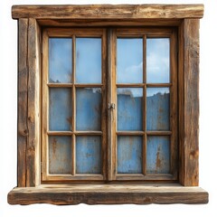Rustic wooden window frame capturing an outdoor blue sky reflection