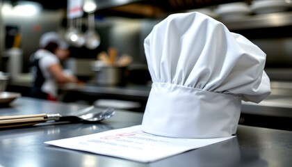 culinary hygiene audit: chef's hat checkmark on a kitchen safety checklist. blurred utensils, stainless steel surfaces, angled food industry focus.