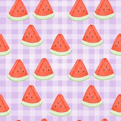 Seamless pattern with summer picnic and Watermelon on pastel Purple