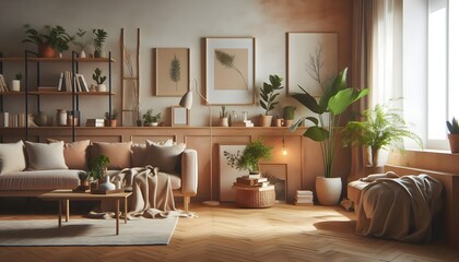 Relaxed and cozy modern living space with plants, wooden elements, books, and soft ambient light in minimalist design