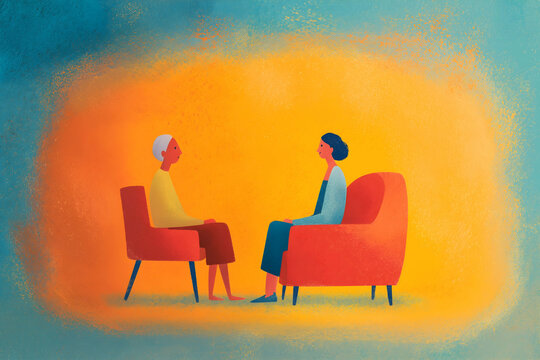 Two people sit facing each other in armchairs, engaged in a calm and thoughtful conversation against a warm, colorful background.