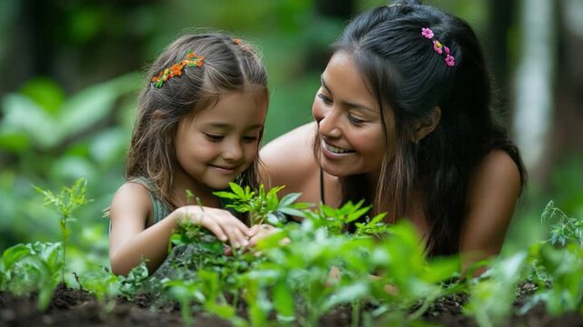 Nurturing Bond in Garden: A mother and daughter share a tender moment planting in a vibrant garden, a visual ode to family, growth, and the simple joys of life.