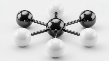 Complex molecular structure featuring three distinct spheres representing interconnected elements in chemistry