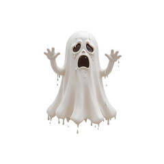 White ghost with haunting face, mouth open in fear, arms raised and dripping edges, isolated background.