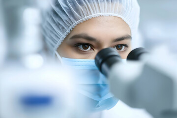 A scientist wearing protective gear closely examines samples through a microscope in a laboratory setting.