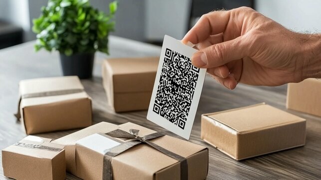 Hand holding a QR code card over various cardboard boxes