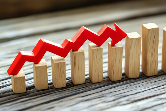 A red arrow trending downwards over wooden blocks on a textured wooden surface indicating decline