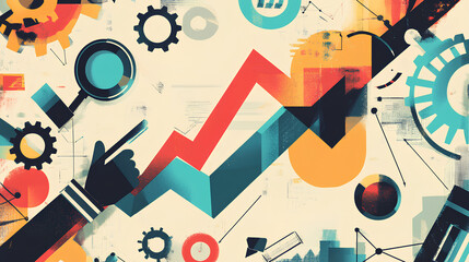 Fototapeta premium Trendy halftone collage cutout business elements set. Laptop, rising arrow chart, gears, handshake, watch, magnifier. Idea, teamwork, brainstorming and success concept Modern retro 