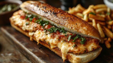 Cheesy Sandwich with Fries on a Wooden Board