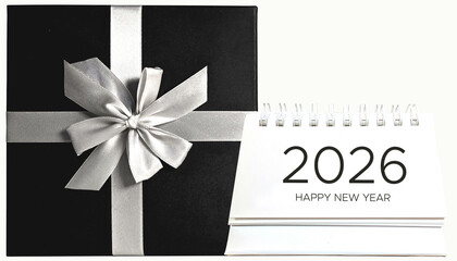 Happy new year 2026 with white calendar and black gift box on white background. Minimalist design...